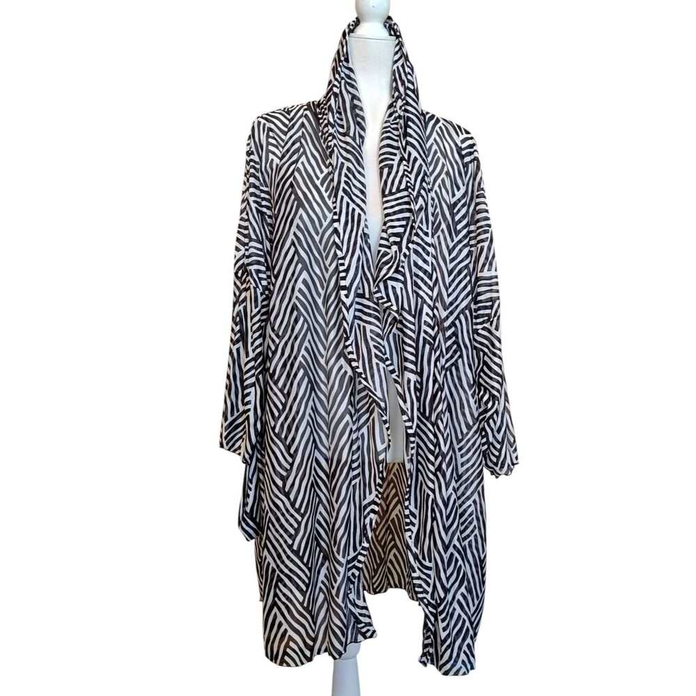 Oscar de la Renta Swimwear Cover Up Womens Medium Black‎ White Geometric Kimono